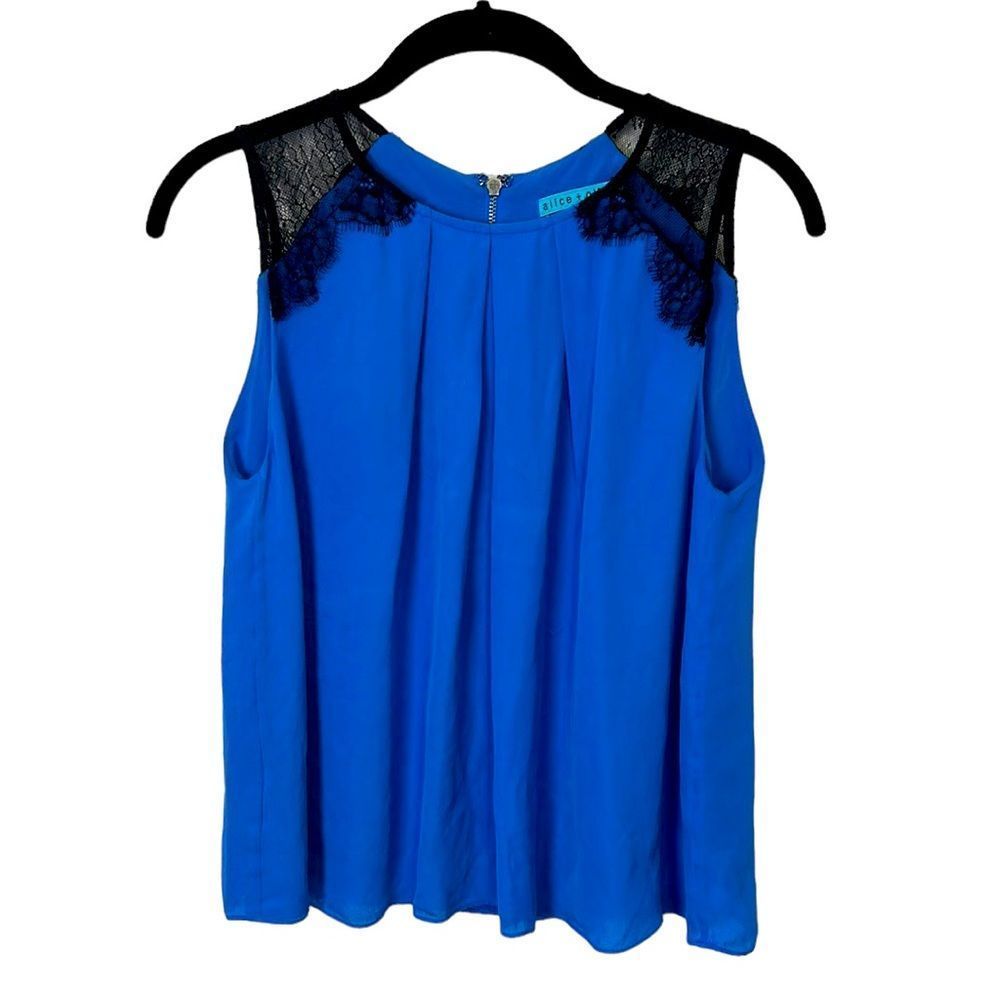 Alice + Olivia blue with black lace detail sleeveless blouse women’s size xs